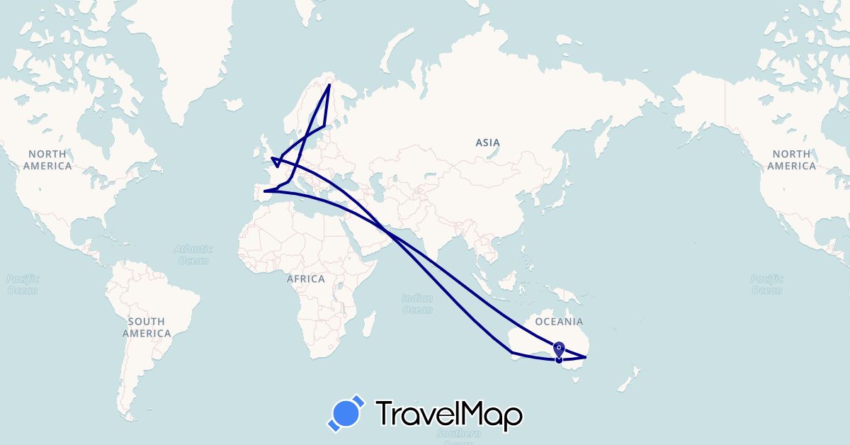 TravelMap itinerary: driving in United Arab Emirates, Australia, Germany, Spain, Finland, France, United Kingdom, Italy, Monaco, Netherlands (Asia, Europe, Oceania)